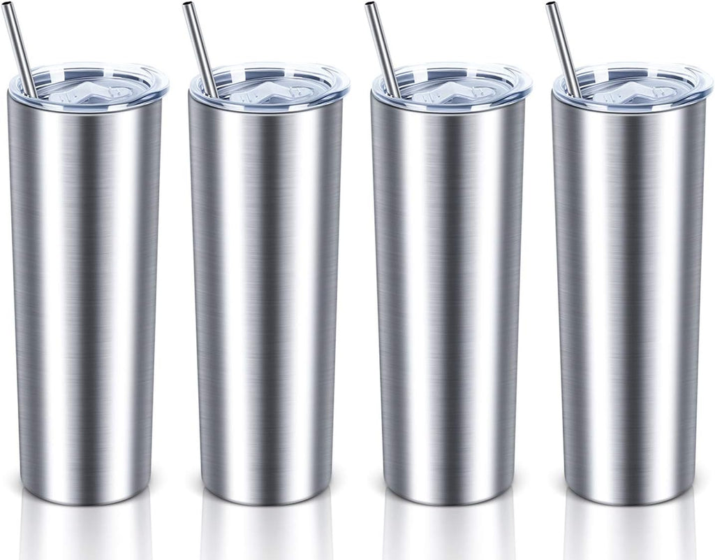 20 Oz Skinny Stainless Steel Tumbler Set with Lids, Insulated Slim Water Tumbler for DIY, Silver