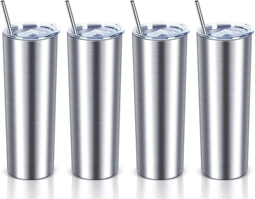 20 Oz Skinny Stainless Steel Tumbler Set with Lids, Insulated Slim Water Tumbler for DIY, Silver