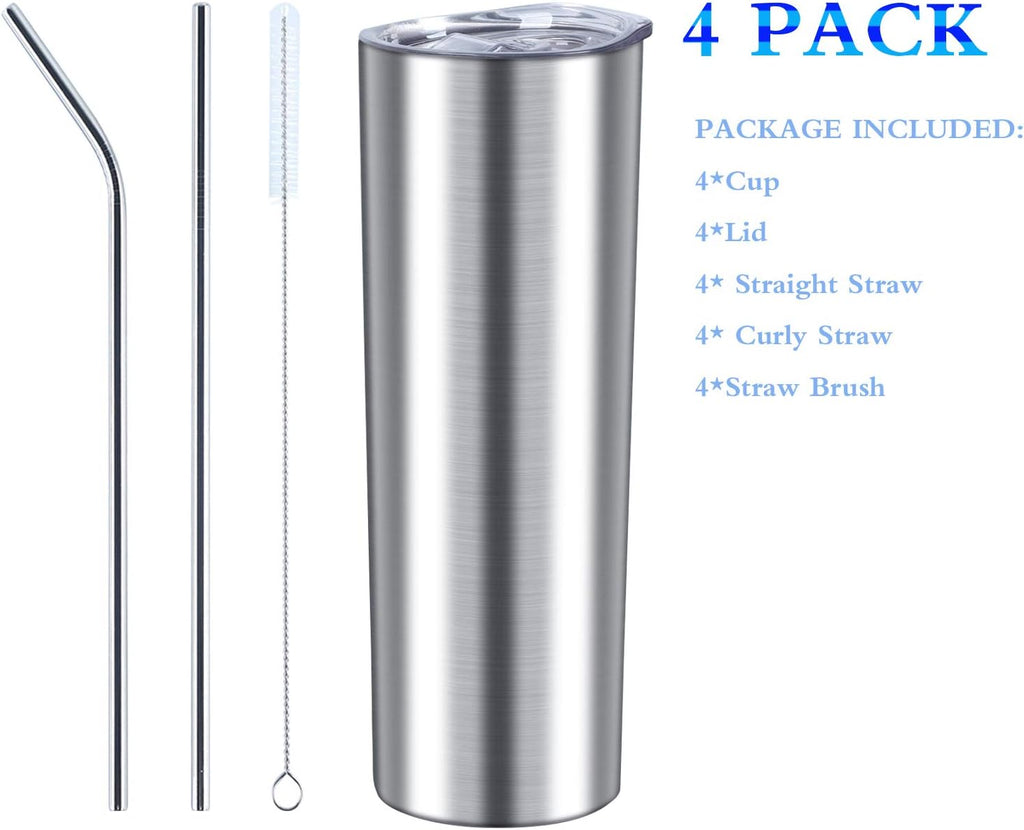 20 Oz Skinny Stainless Steel Tumbler Set with Lids, Insulated Slim Water Tumbler for DIY, Silver