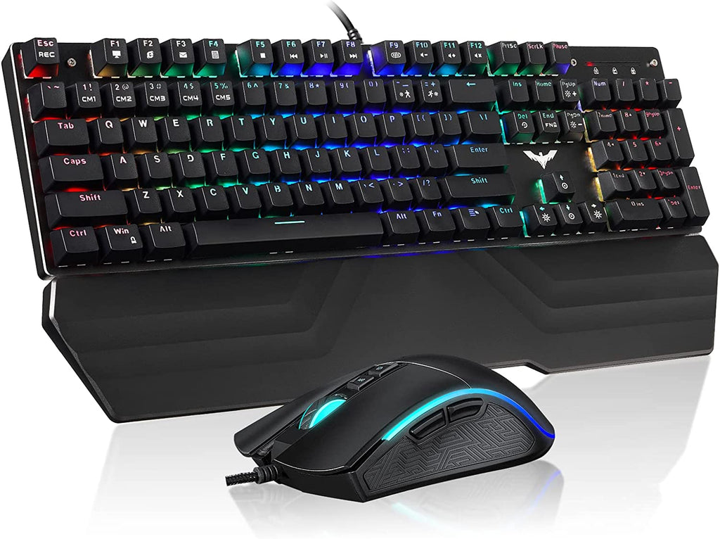 Havit Mechanical Keyboard and Mouse Combo RGB Gaming 104 Keys Blue Switches Wired USB Keyboards with Detachable Wrist Rest, Programmable Gaming Mouse for PC Gamer Computer Desktop (Black)