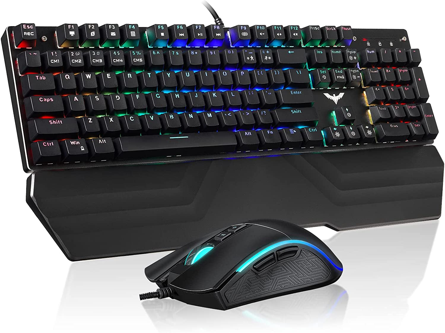 Havit Mechanical Keyboard and Mouse Combo RGB Gaming 104 Keys Blue Switches Wired USB Keyboards with Detachable Wrist Rest, Programmable Gaming Mouse for PC Gamer Computer Desktop (Black)