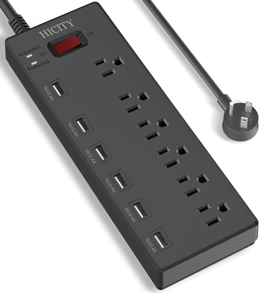 Power Strip,  Surge Protector with 6 AC Outlets and 6 USB Ports, Wall Mountable Flat Plug Extension Cord, 1625W/13A, Widely Spaced Outlet for Home, Office, Hotel (6Ft, Black)