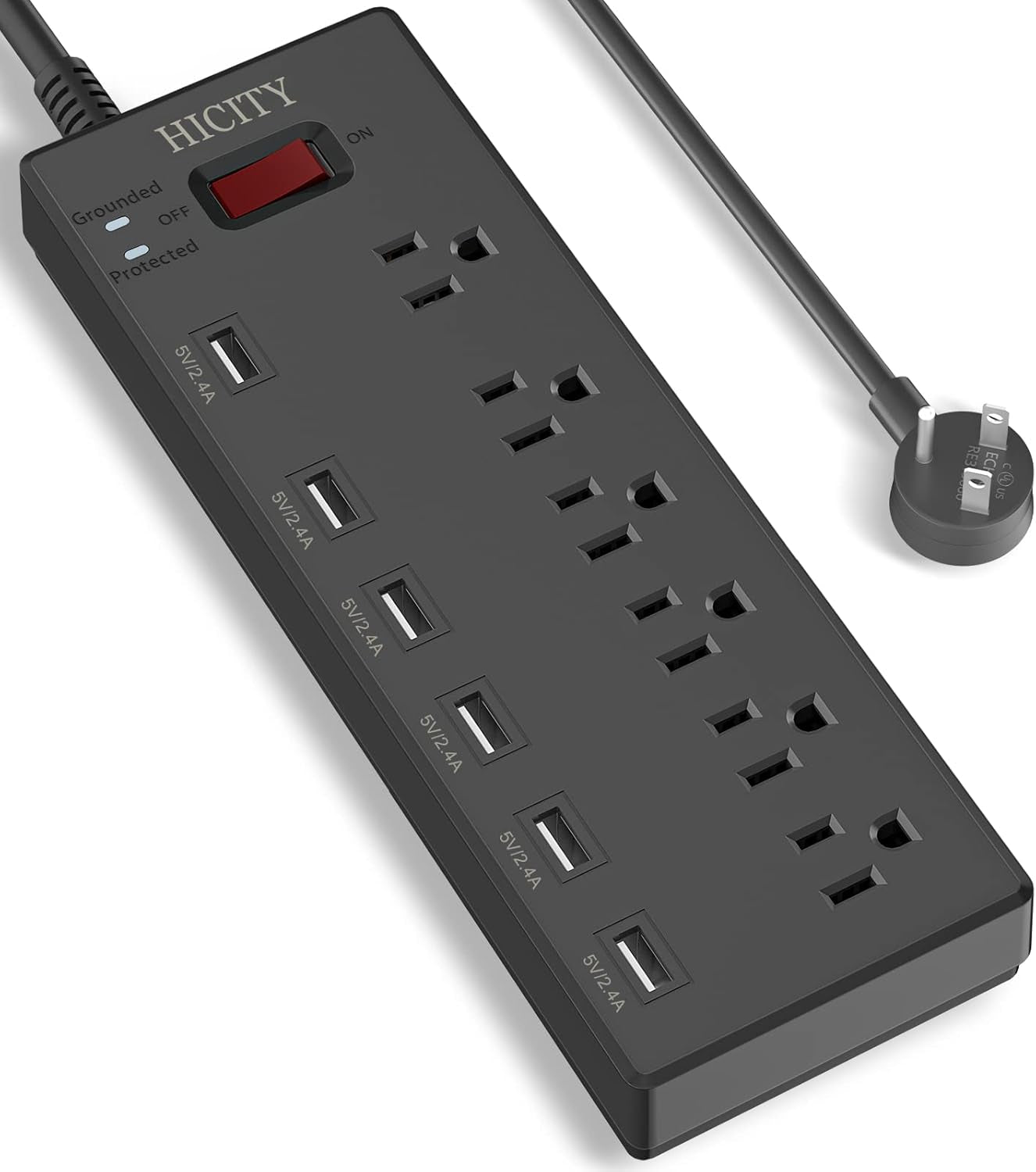 Power Strip,  Surge Protector with 6 AC Outlets and 6 USB Ports, Wall Mountable Flat Plug Extension Cord, 1625W/13A, Widely Spaced Outlet for Home, Office, Hotel (6Ft, Black)
