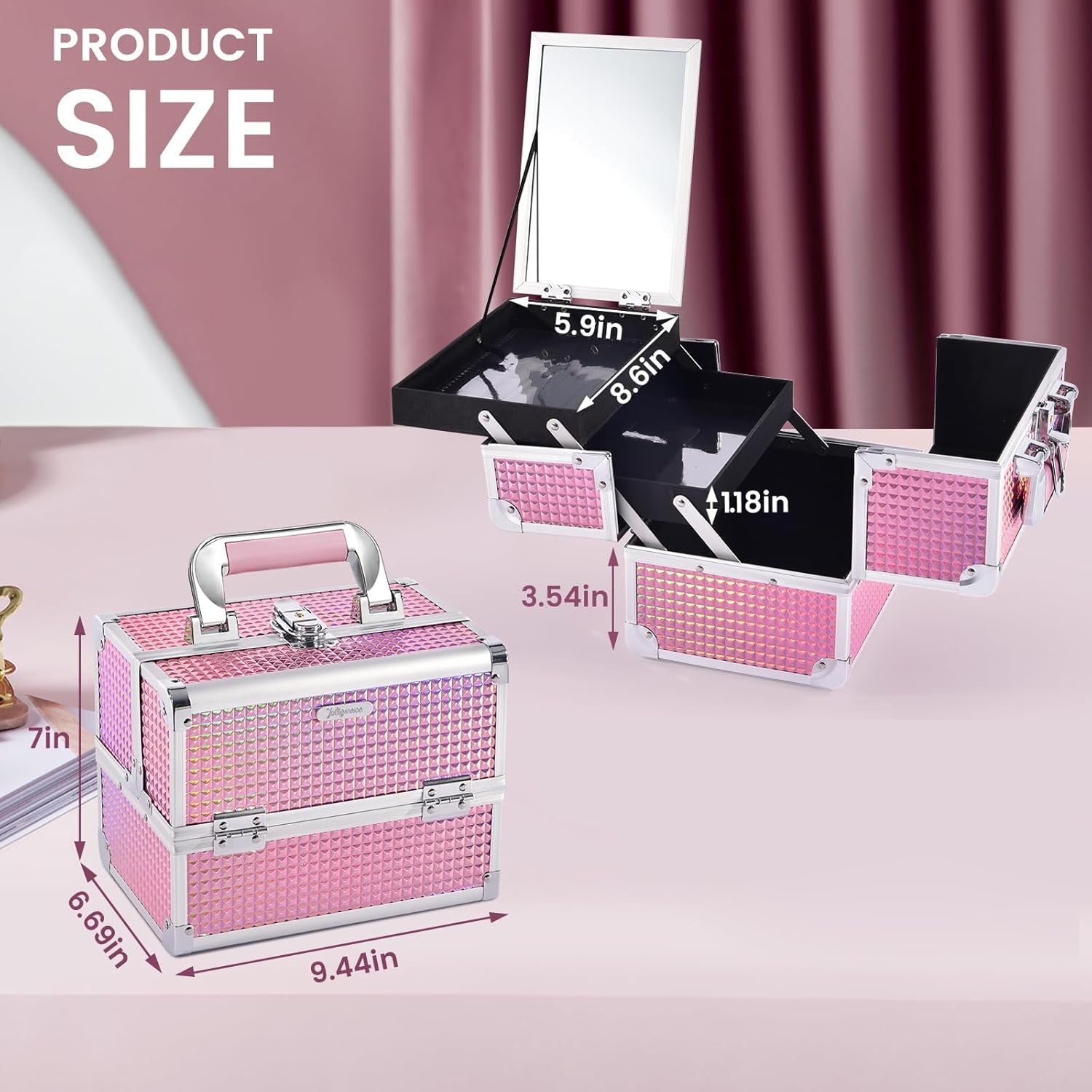 Makeup Train Case Makeup Case Organizer Portable Cosmetic Box Storage with 2 Trays Mirror Locking Make up Travel Case for Nail Kits Cosmetics Craft Traveling Makeup Box Mermaid Pink