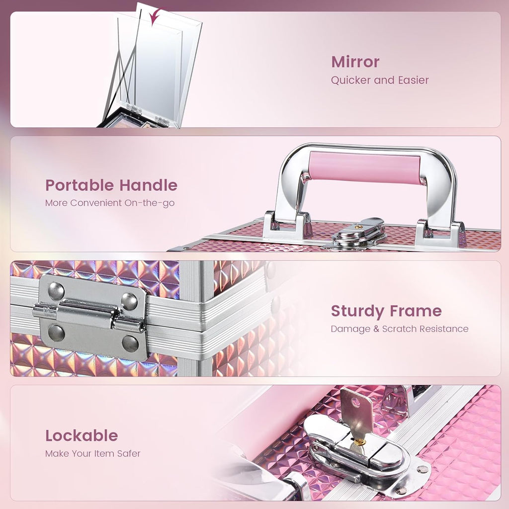 Makeup Train Case Makeup Case Organizer Portable Cosmetic Box Storage with 2 Trays Mirror Locking Make up Travel Case for Nail Kits Cosmetics Craft Traveling Makeup Box Mermaid Pink