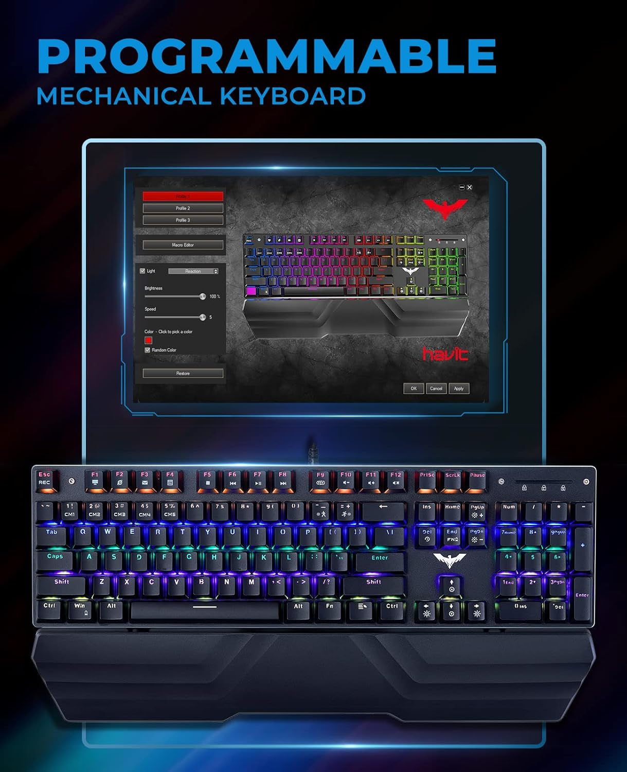 Havit Mechanical Keyboard and Mouse Combo RGB Gaming 104 Keys Blue Switches Wired USB Keyboards with Detachable Wrist Rest, Programmable Gaming Mouse for PC Gamer Computer Desktop (Black)