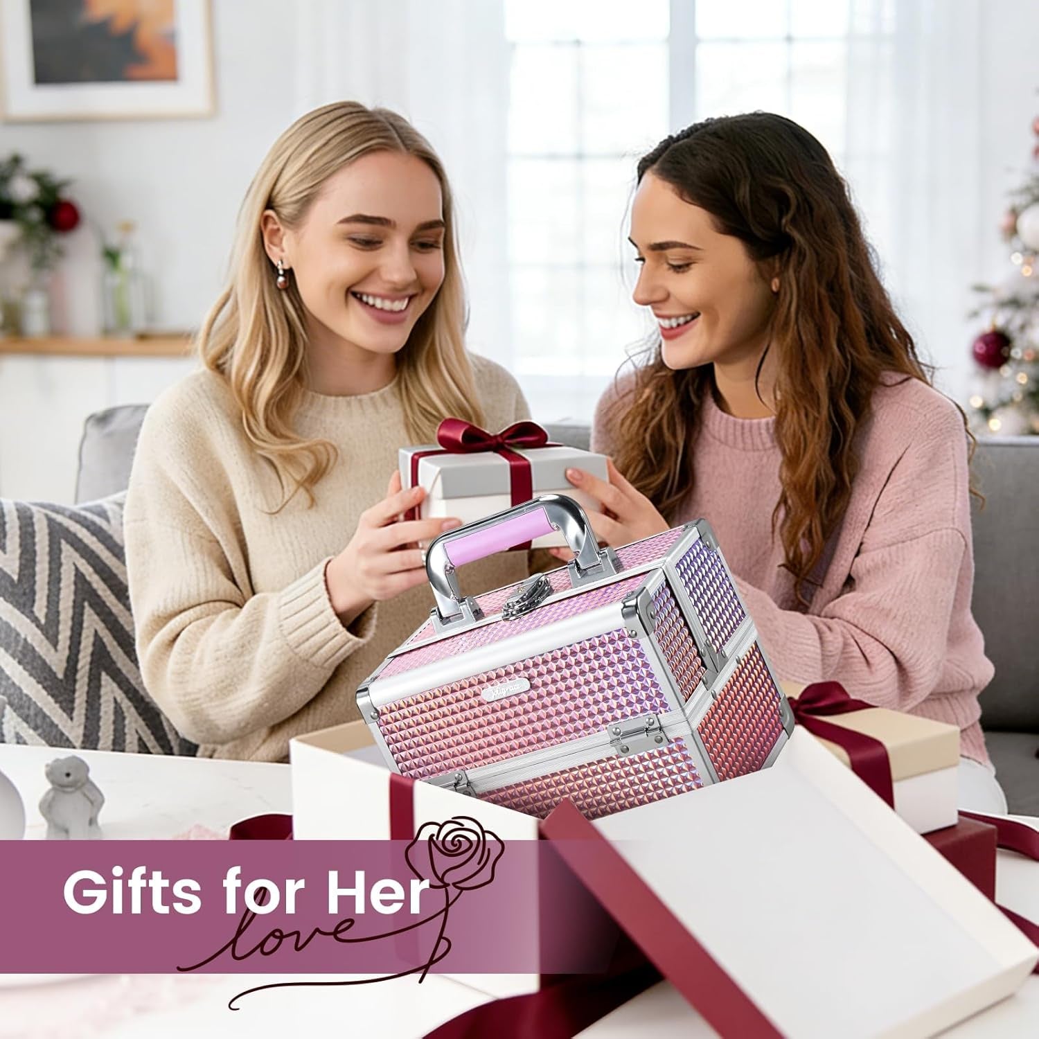 Makeup Train Case Makeup Case Organizer Portable Cosmetic Box Storage with 2 Trays Mirror Locking Make up Travel Case for Nail Kits Cosmetics Craft Traveling Makeup Box Mermaid Pink