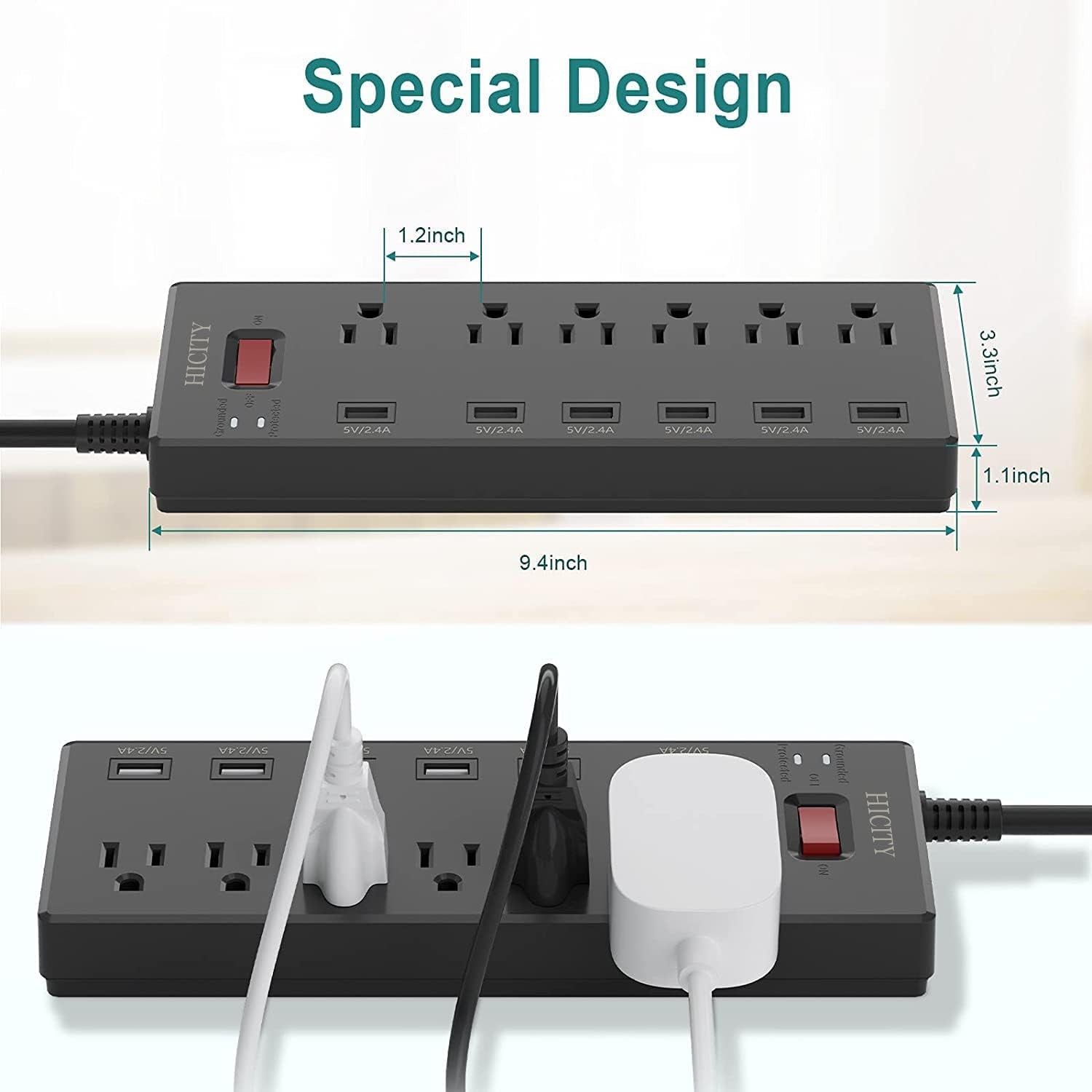 Power Strip,  Surge Protector with 6 AC Outlets and 6 USB Ports, Wall Mountable Flat Plug Extension Cord, 1625W/13A, Widely Spaced Outlet for Home, Office, Hotel (6Ft, Black)