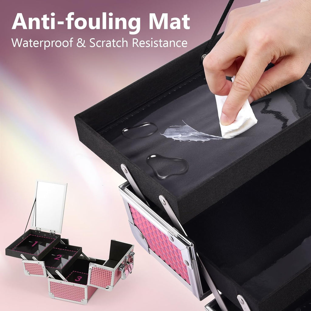 Makeup Train Case Makeup Case Organizer Portable Cosmetic Box Storage with 2 Trays Mirror Locking Make up Travel Case for Nail Kits Cosmetics Craft Traveling Makeup Box Mermaid Pink