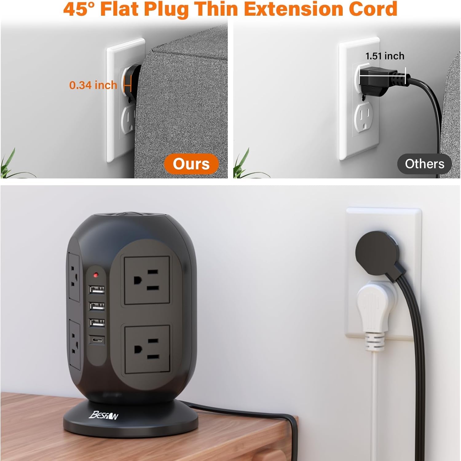 Surge Protector Power Strip Tower with 8 AC Outlets 4 USB Ports (1 USB C), 10 Ft Flat Extension Cord with Multiple Outlets Charging Station for Dorm Home Office Essentials, Black