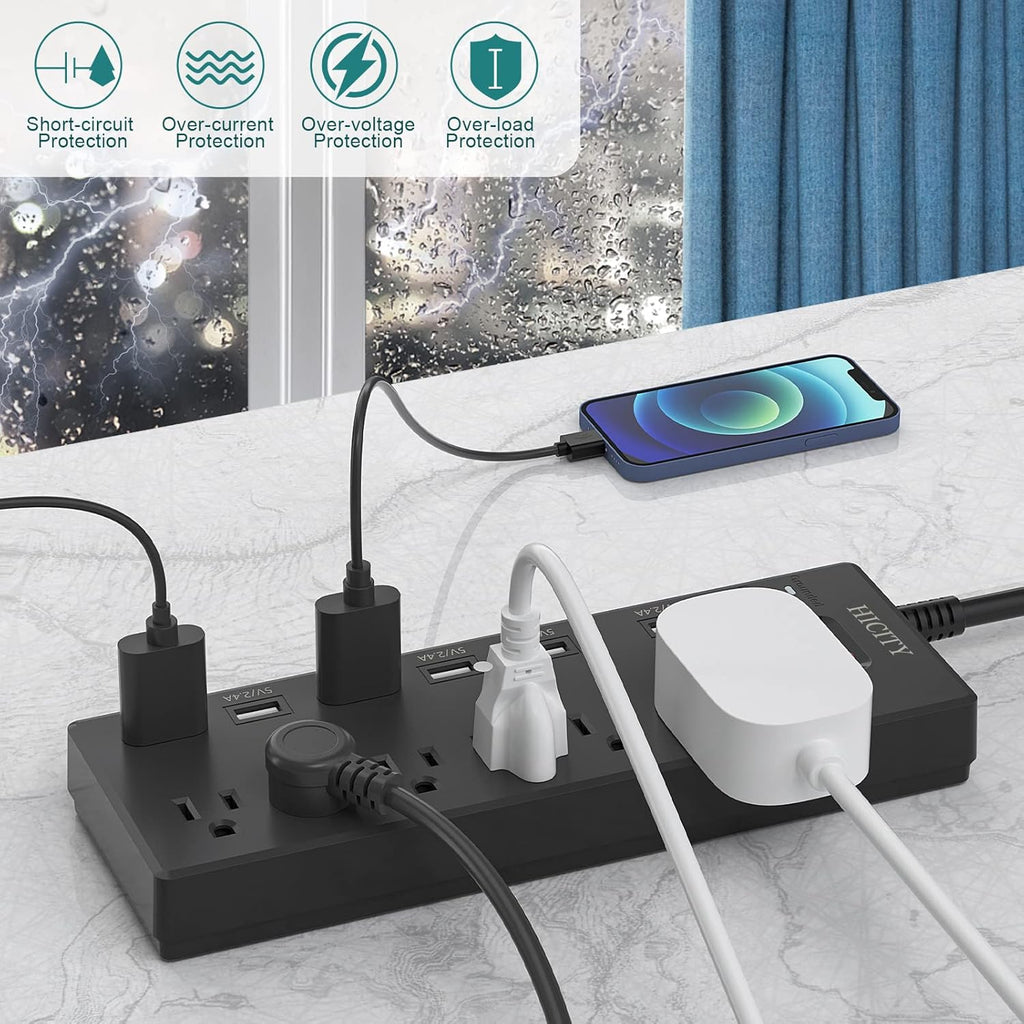Power Strip,  Surge Protector with 6 AC Outlets and 6 USB Ports, Wall Mountable Flat Plug Extension Cord, 1625W/13A, Widely Spaced Outlet for Home, Office, Hotel (6Ft, Black)