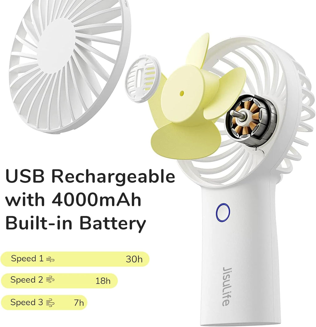 Handheld Fan [20H Max Cooling Time] 4000Mah USB Rechargeable, Battery Operated Portable Fan with 3 Speeds for Travel/Makeup/Office-White
