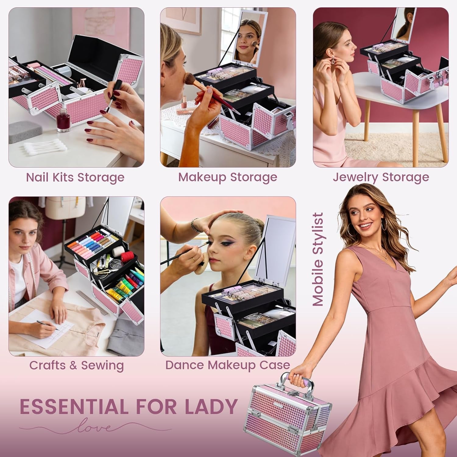 Makeup Train Case Makeup Case Organizer Portable Cosmetic Box Storage with 2 Trays Mirror Locking Make up Travel Case for Nail Kits Cosmetics Craft Traveling Makeup Box Mermaid Pink