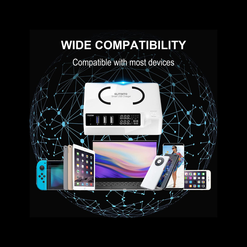 USB Charger Upgraded Version,  65W 12A 4-Port USB Charging Station 20W PD Charger and QC3.0 Multi Port USB C Charger Hub with Adjust Brightness LCD Display for Iphone Ipad Huawei and More